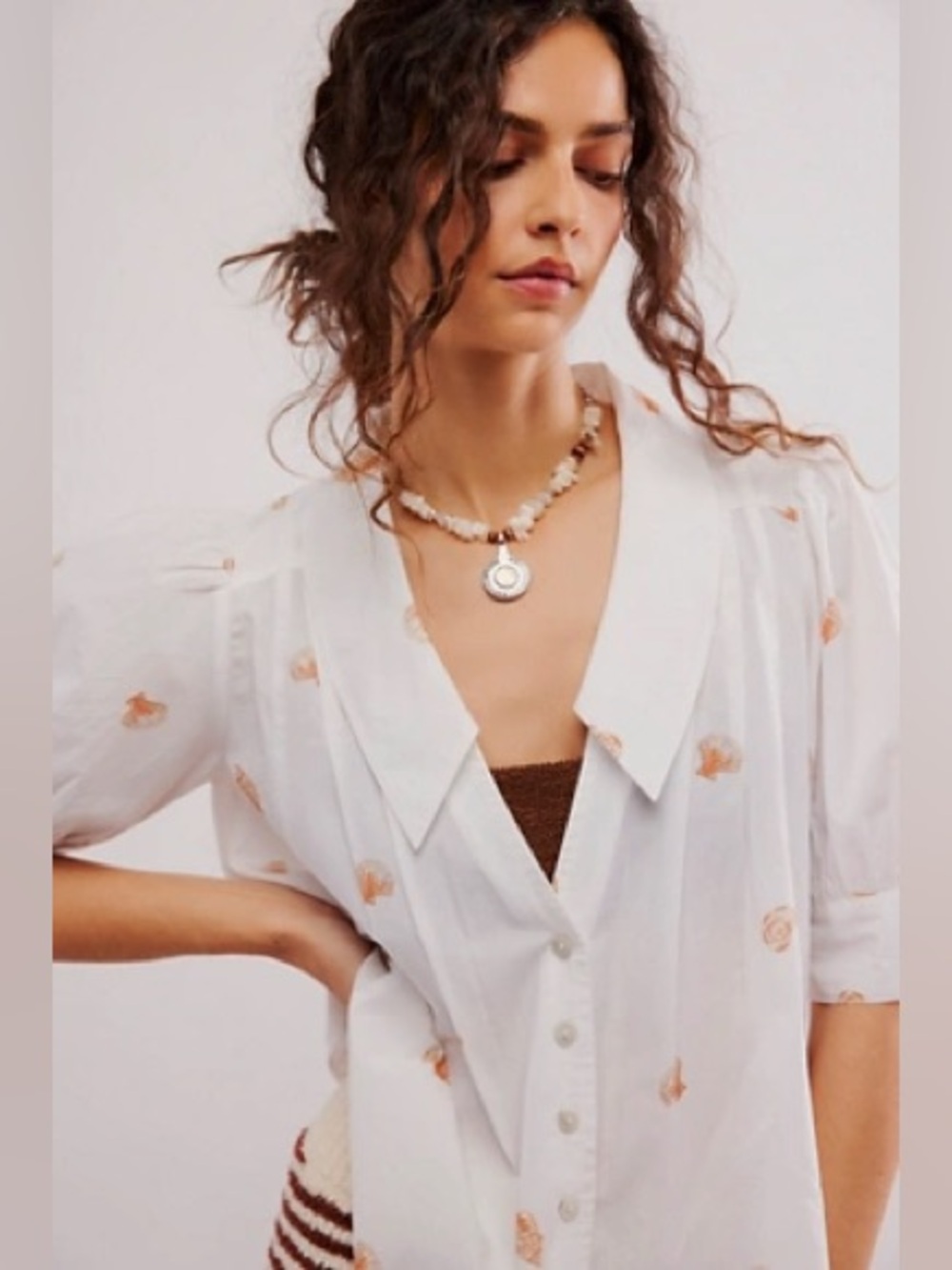 Free People Lover Printed Blouse White Seashell Cotton Coastal L XL